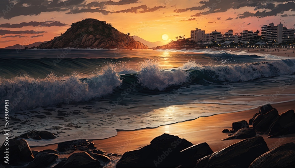  a painting of a sunset over the ocean with a city in the distance and waves crashing on the beach a