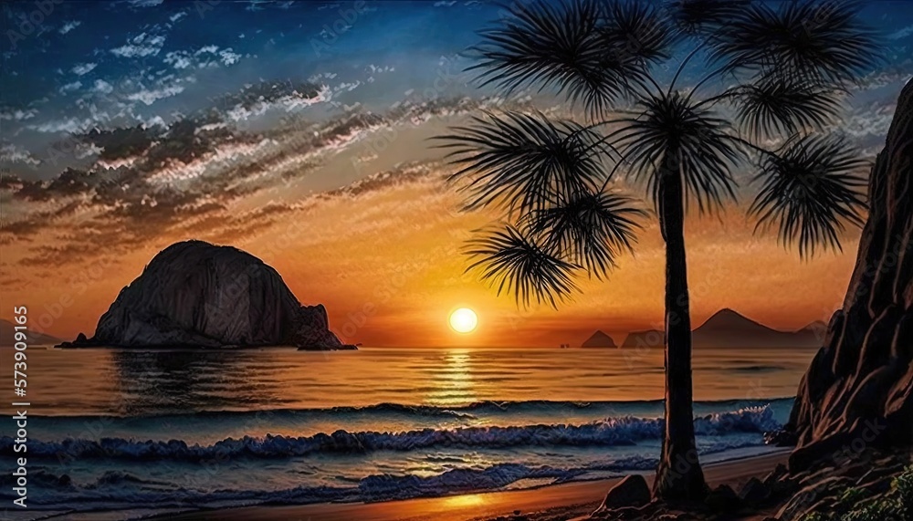  a painting of a sunset over the ocean with palm trees and a rock in the distance with the sun setti