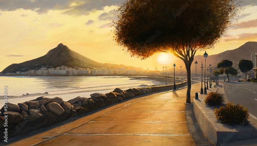  a painting of a sunset over a beach with a tree on the side of the road and a mountain in the dista