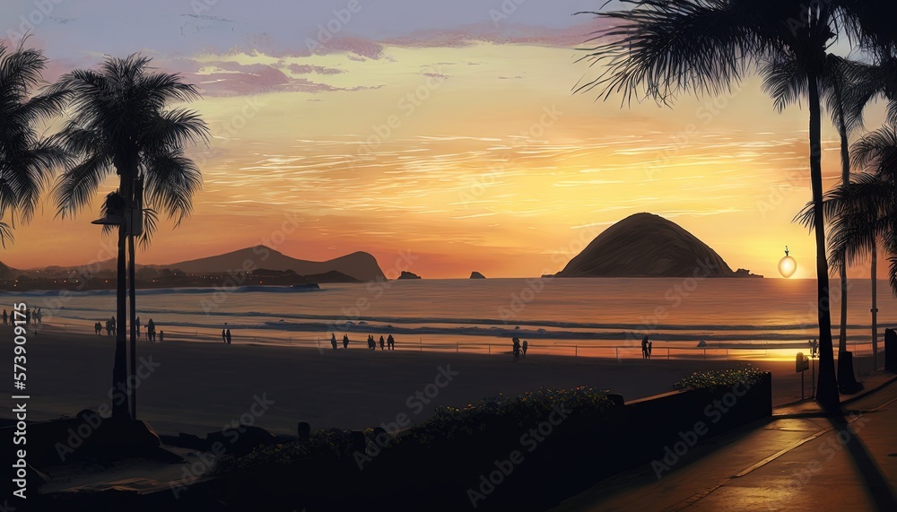  a painting of a sunset at a beach with palm trees and a mountain in the distance with people walkin