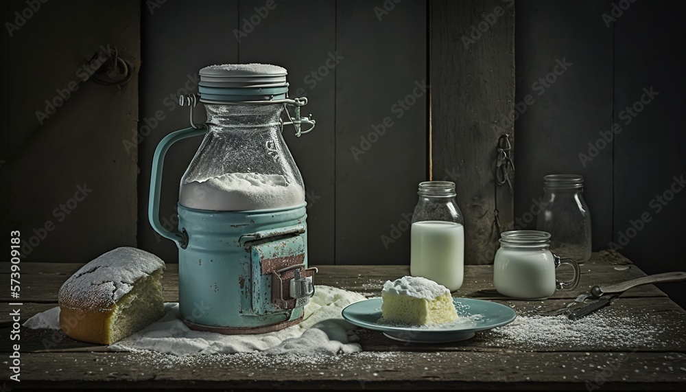  a table topped with a glass jar filled with milk and a piece of cake next to it on top of a plate n