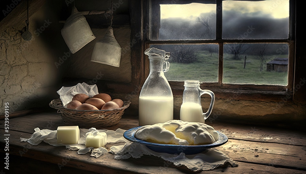  a table topped with a bowl of eggs next to a bottle of milk and a bowl of butter on top of a wooden