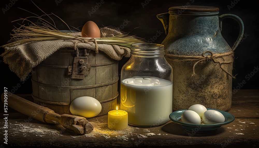  a still life with eggs, milk, and a pitcher on a wooden table next to a candle and a glass of milk 