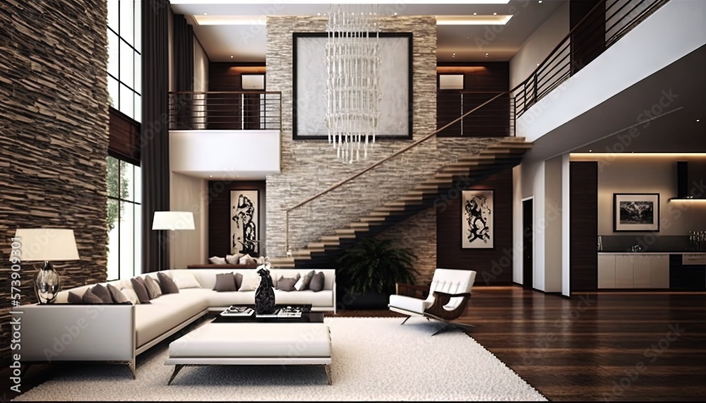  a living room with a couch, chair, coffee table, and stairs in it and a staircase leading up to the