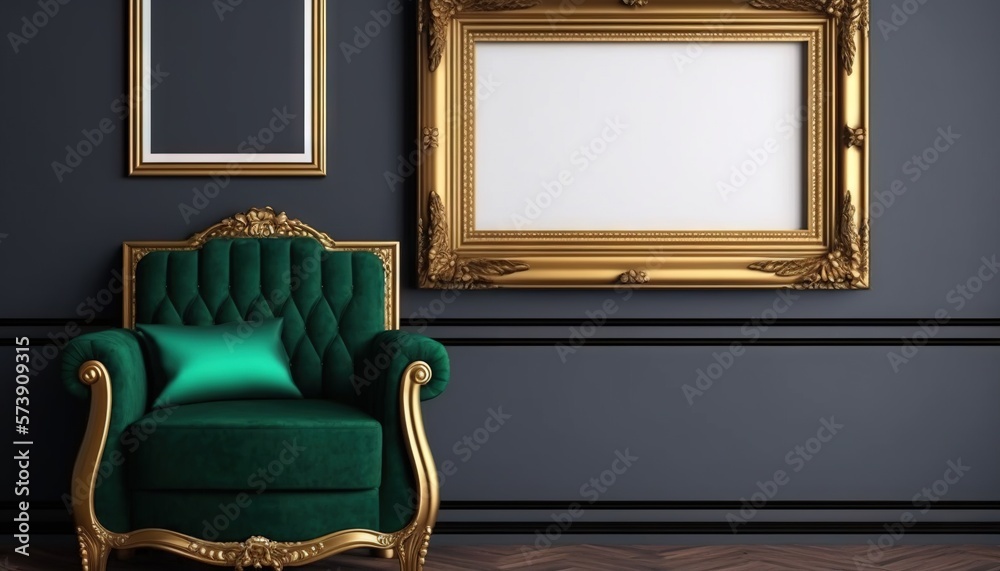  a green chair in a room with a gold frame on the wall and a green cushion on the floor in front of 