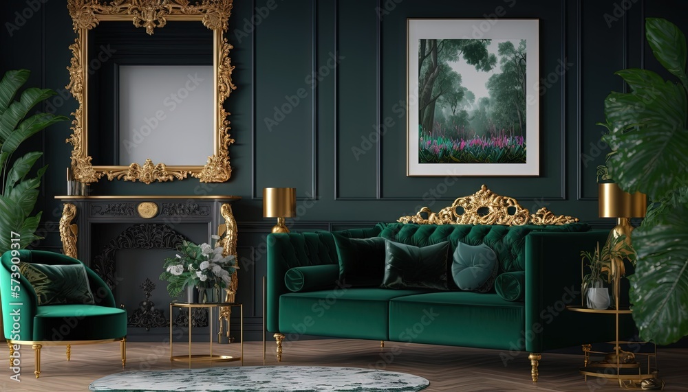  a living room with a green couch and a gold framed picture on the wall and a green chair and a gold