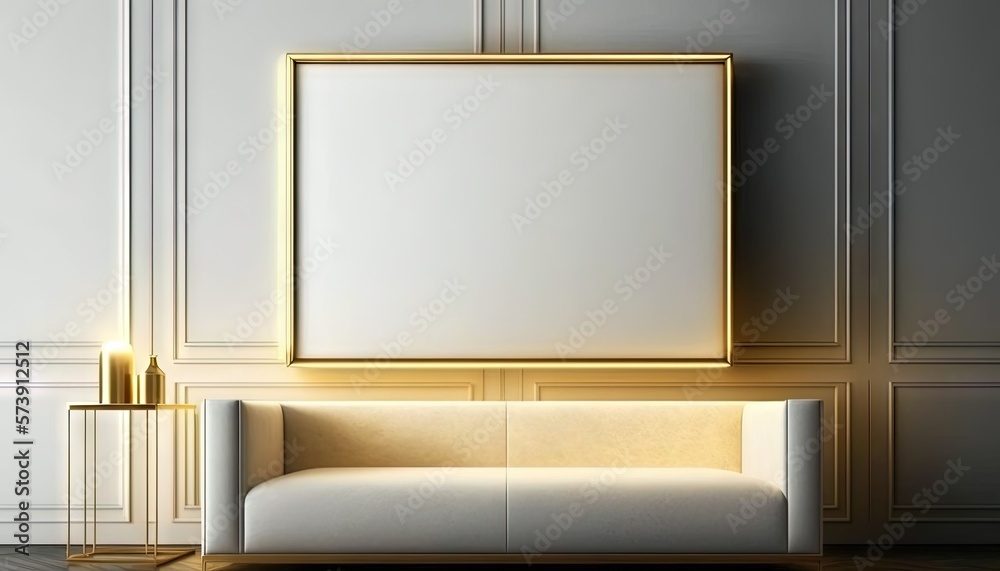  a white couch with a gold frame on the wall next to a candle and a picture frame on the wall with a