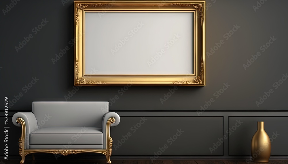  a chair and a gold framed picture in a dark room with a gold vase and a gold vase on a wooden floor