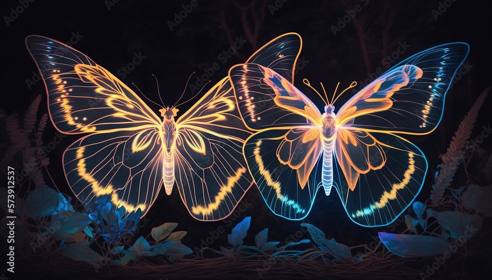  two glowing butterflies sitting on top of a lush green field of flowers at night with a black backg