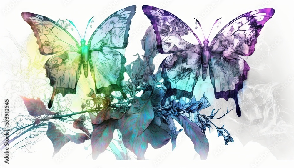  a group of colorful butterflies flying over a white background with a green and purple butterfly on