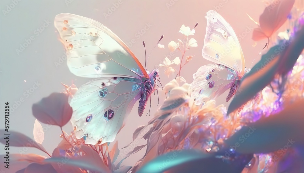  two white butterflies flying over a bunch of pink and purple flowers with water droplets on them an