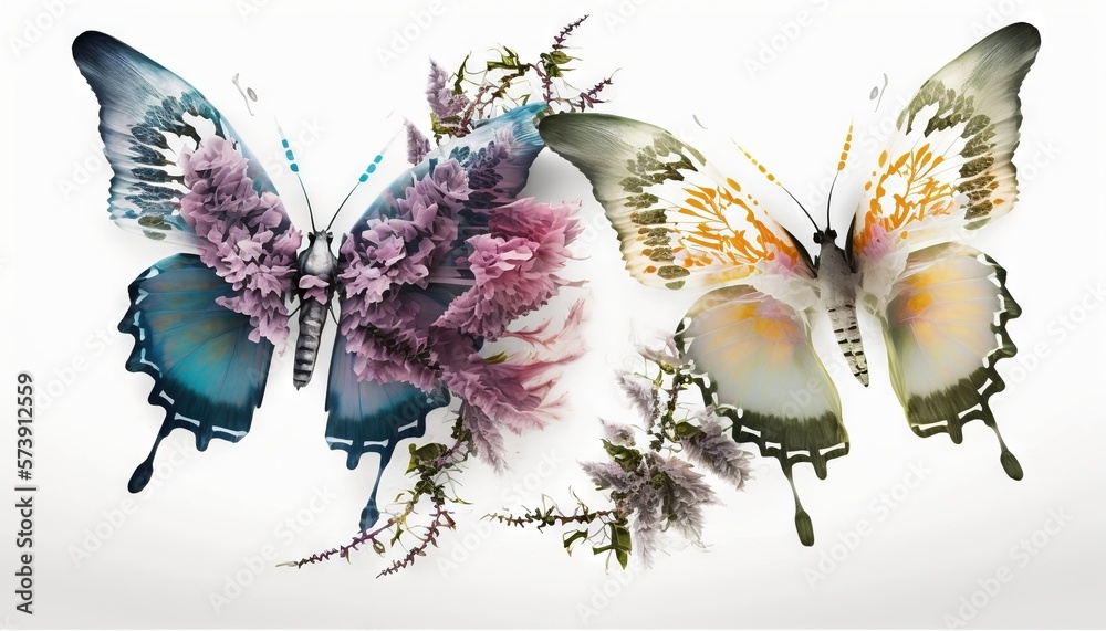  a group of three butterflies flying next to each other on a white background with purple flowers in