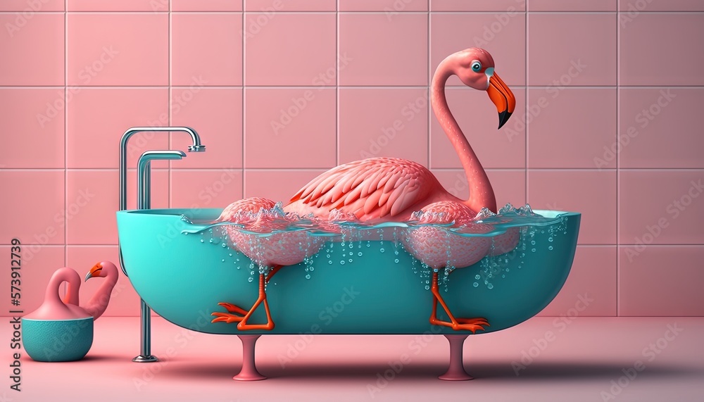  a pink flamingo in a blue bathtub with two flamingos in the bathtub and one flamingo standing up in