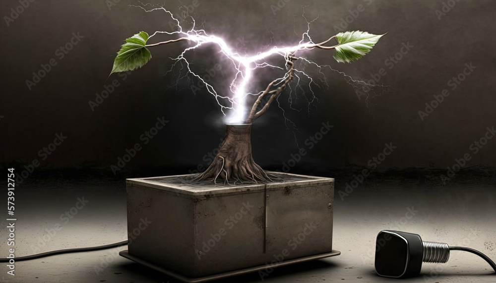  a tree that is growing out of a box with a lightening bolt coming out of the top of it and a camera