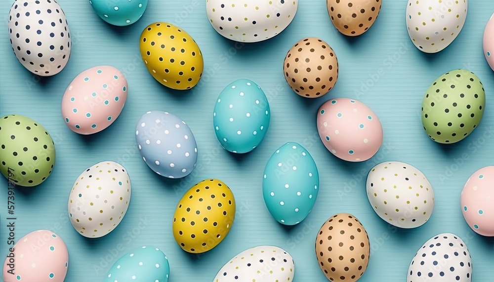  a group of colorful eggs sitting on top of a blue tablecloth with polka dots on them, all of them a