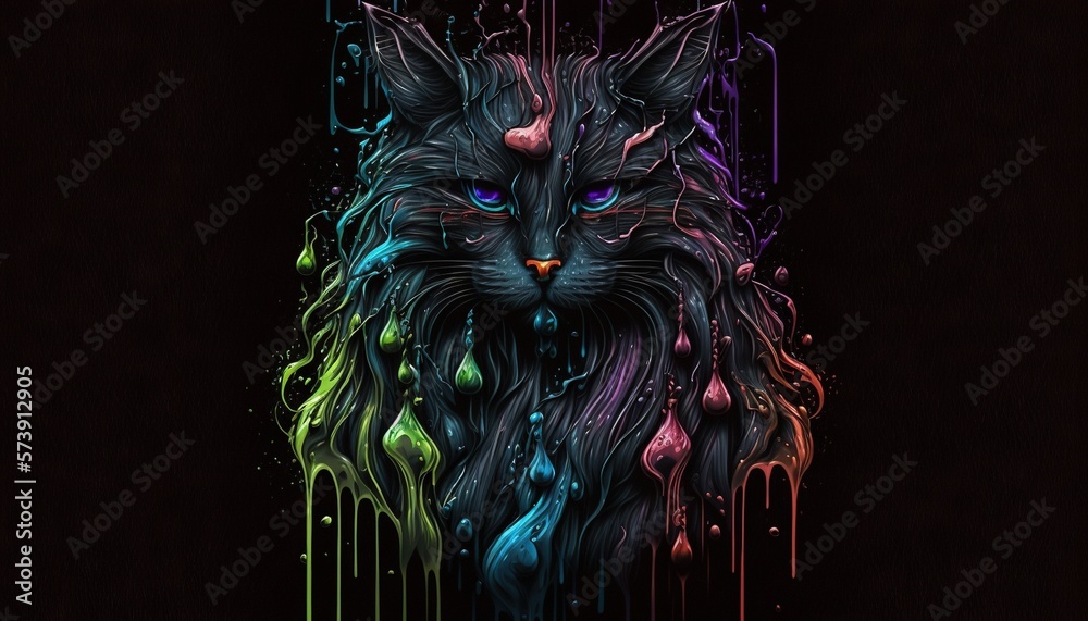  a painting of a cat with colorful paint splatters on its face and eyes, with a black background an