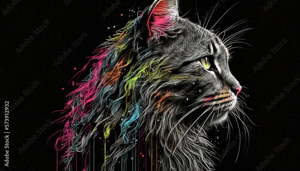  a black cat with a rainbow colored tail and eyes looking to the side with a black background and a 