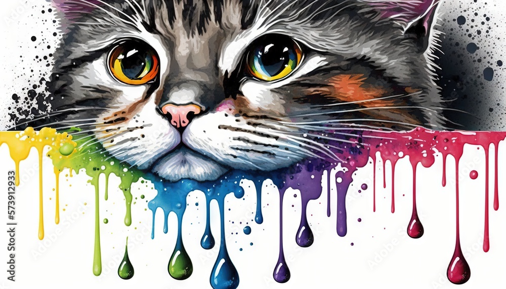  a cat with a rainbow drip of paint on its face and a white background with a rainbow drip of paint