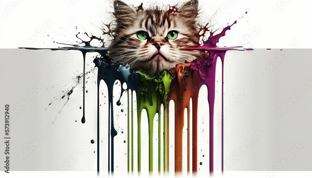  a cat with green eyes and colorful paint splattered on its face and neck, with a white background 