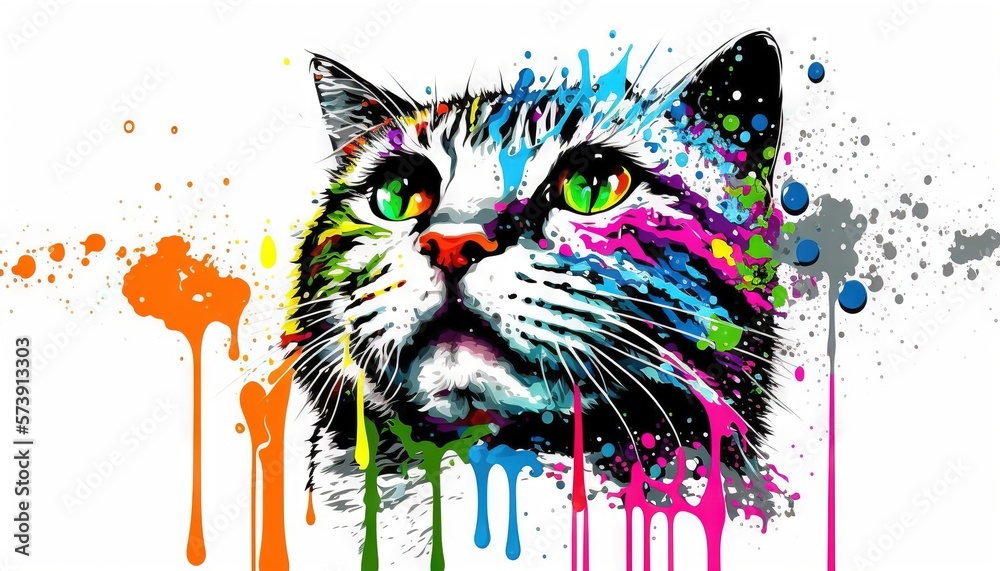  a cat with colorful paint splatters on its face and eyes, with a white background and a black cat 