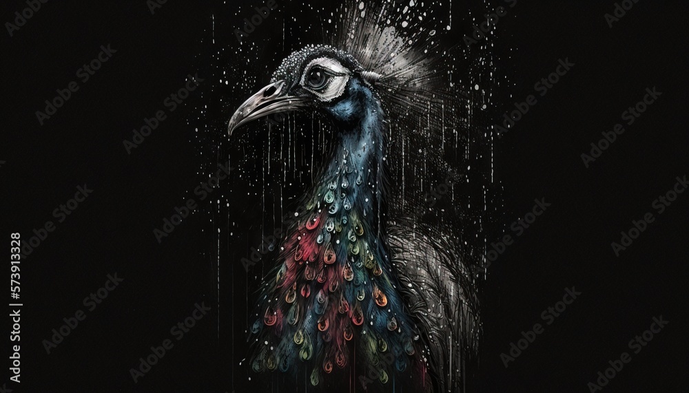  a colorful peacock standing in the rain with drops of water on its head and feathers on its head, w