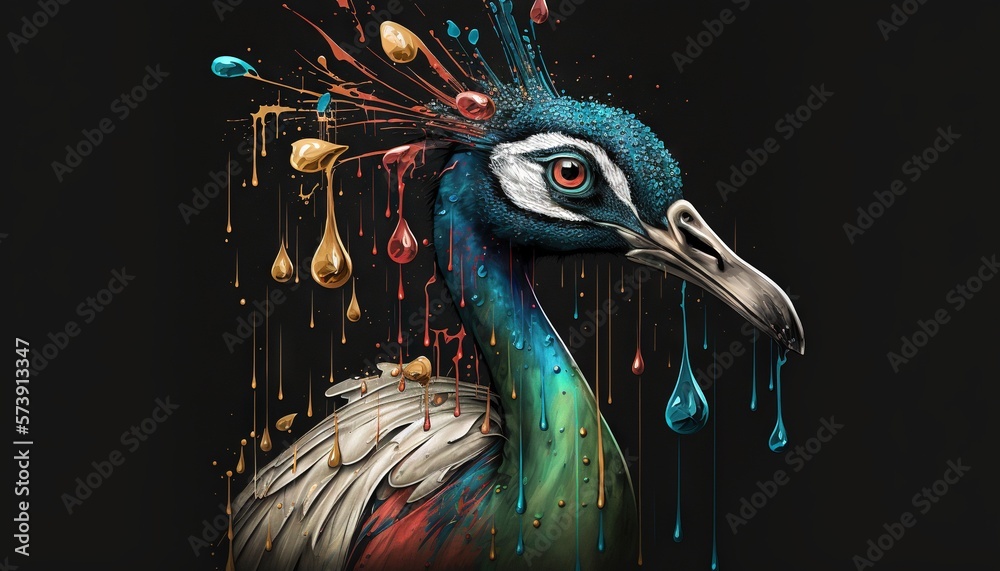  a peacock with drops of paint on its head and a black background with drops of paint on its head 