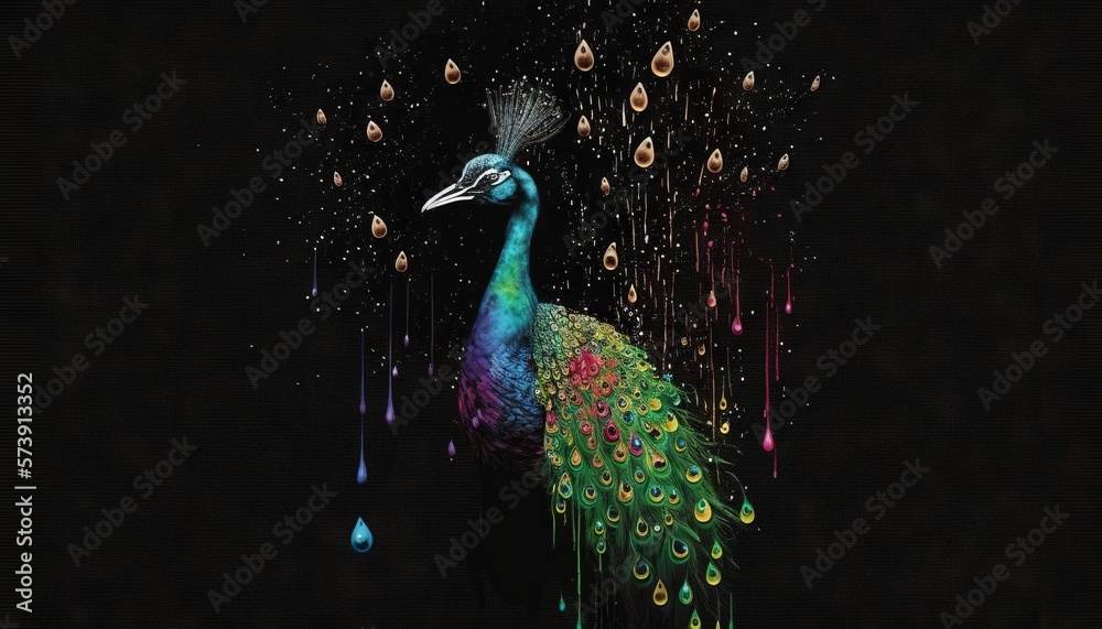  a colorful peacock standing in the dark with drops of water on its tail and feathers hanging down 