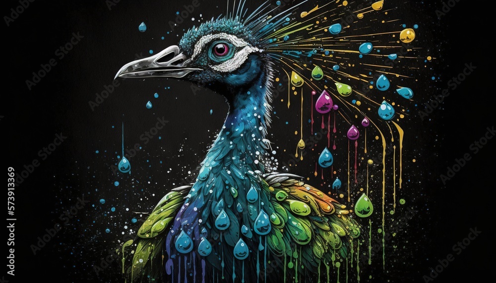  a painting of a peacock with drops of water on its head and a black background with multicolored d