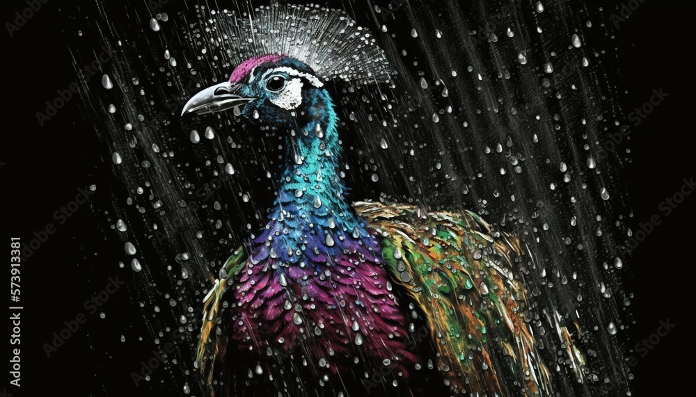  a colorful bird standing in the rain on a black background with drops of water on its feathers and 