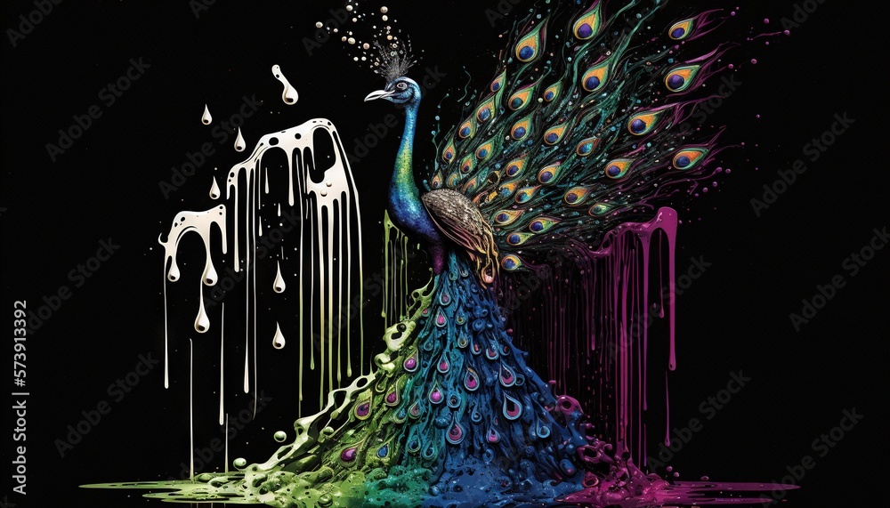  a colorful peacock standing in front of a black background with drops of paint on its tail and tai