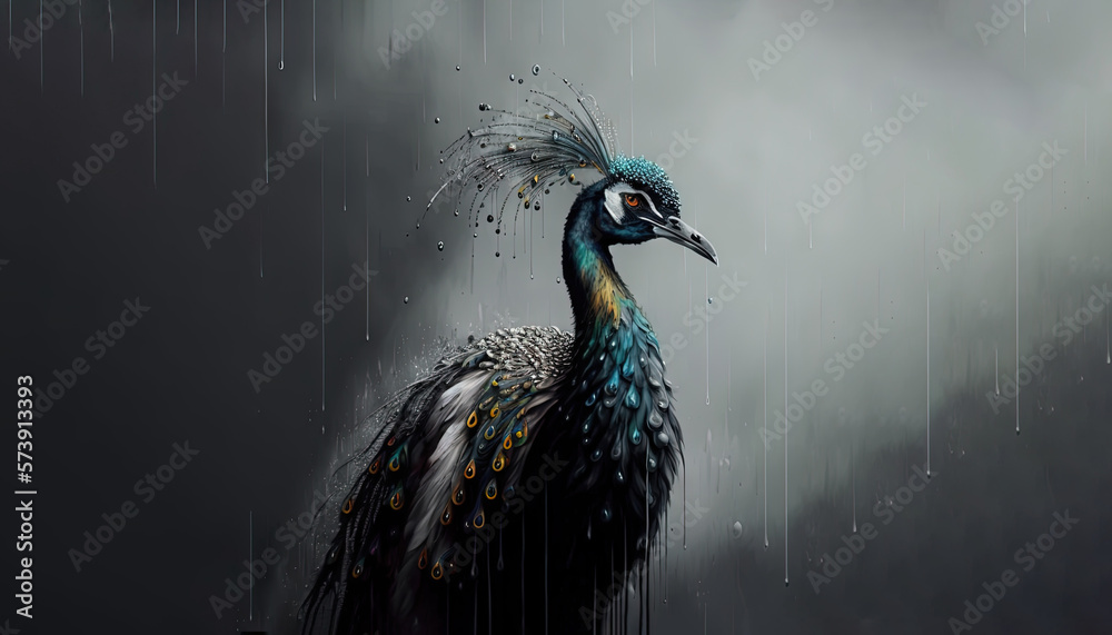  a painting of a peacock in the rain on a canvas with a black background and a white wall with a whi