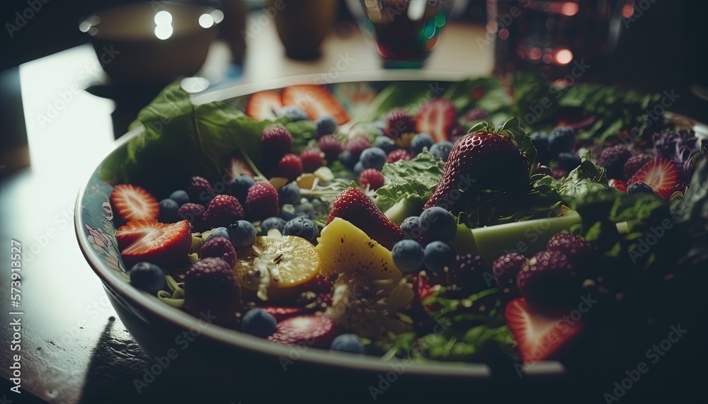  a plate of mixed fruits and vegetables on a table with a glass of wine in the background and a glas