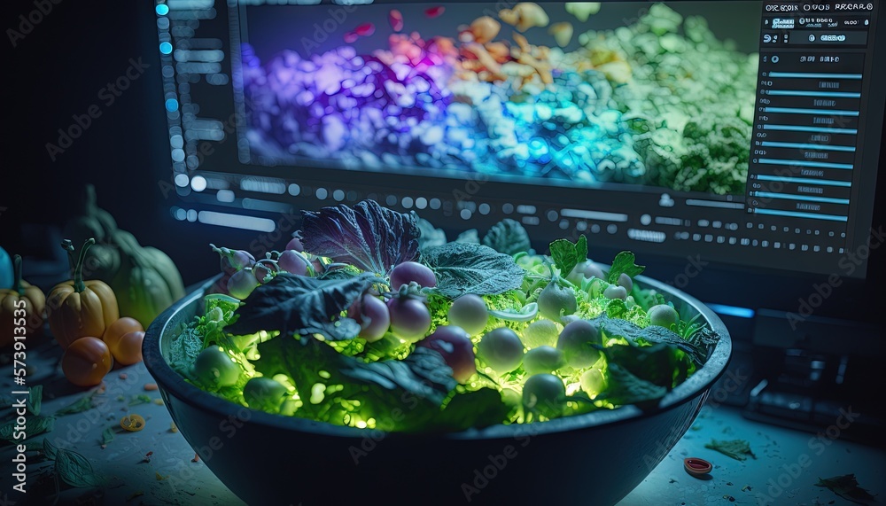  a bowl of lettuce sits in front of a computer screen with a rainbow of colors in the background of 