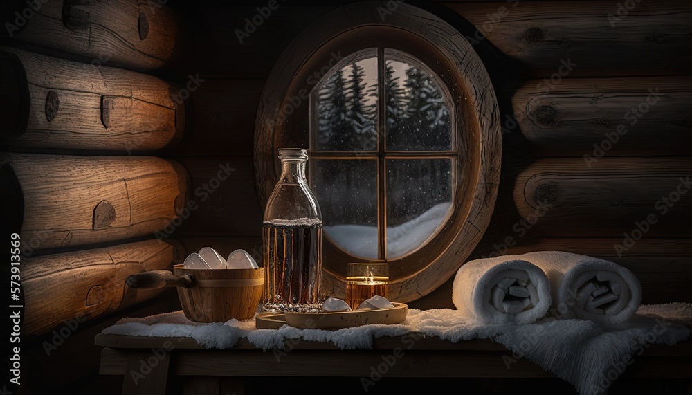  a table with a bottle of wine and a glass of wine on it in front of a window with a snowy scene beh