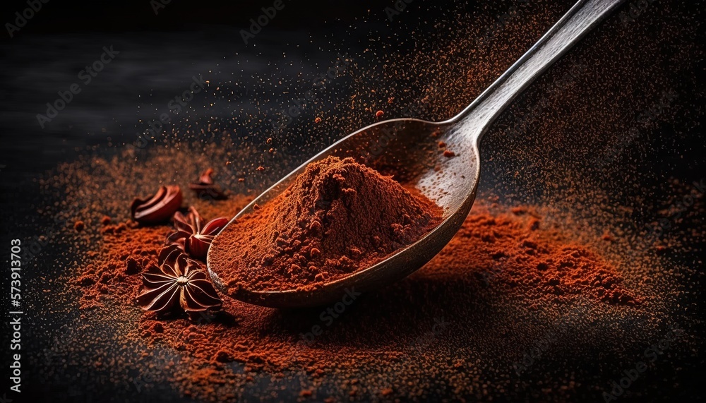  a spoon full of powder and spices on a black surface with a spoon full of powder and spices on the 