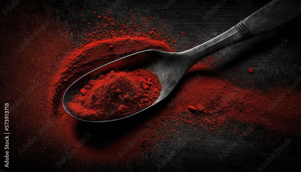  a spoon full of red powder on a black surface with a red light in the middle of the spoon and a red