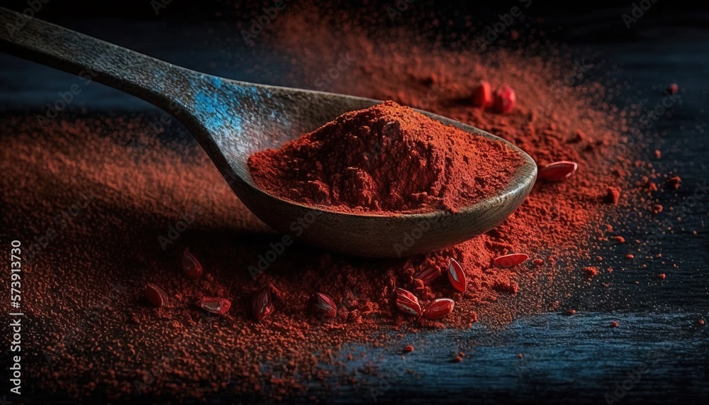  a spoon filled with red powder on top of a wooden table next to a pile of red chili powder on top o