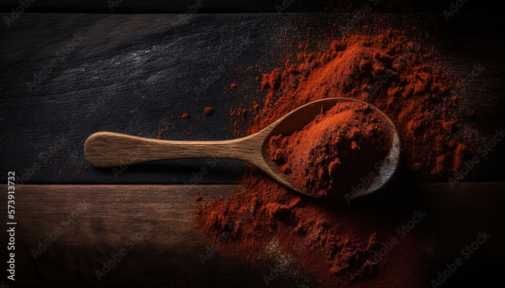  a wooden spoon filled with red powder on top of a wooden table next to a spoon of red powder on top