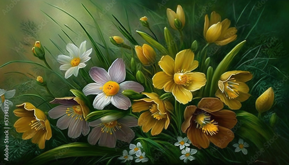  a painting of a bouquet of flowers on a green background with grass and flowers in the foreground, 