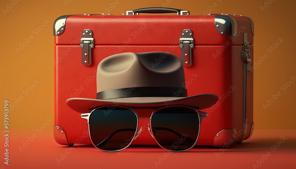  a suitcase with a hat, sunglasses and a hat on top of it, sitting on a red surface with an orange b