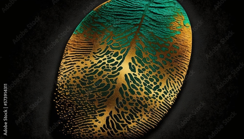  a green and gold leaf on a black background with a black background and a gold leaf on the left sid