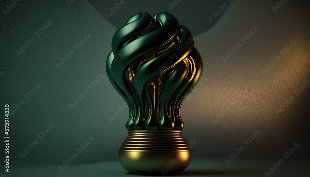  a green and gold vase sitting on top of a green tablecloth covered table top with a shadow of a lig