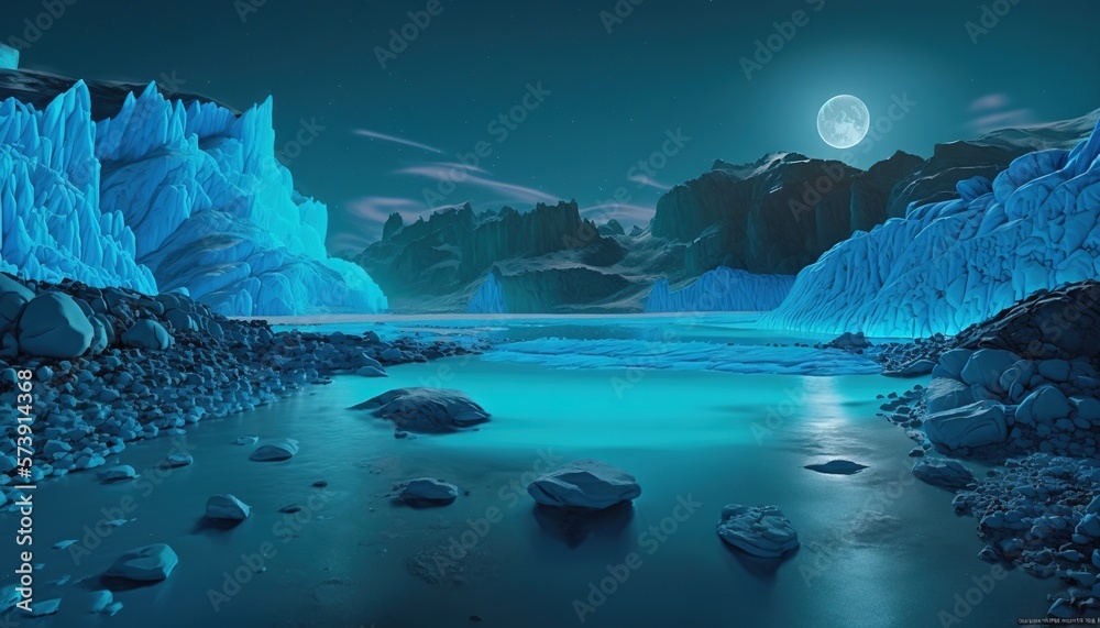  a painting of a river with icebergs and a full moon in the sky above it and a mountain range in the