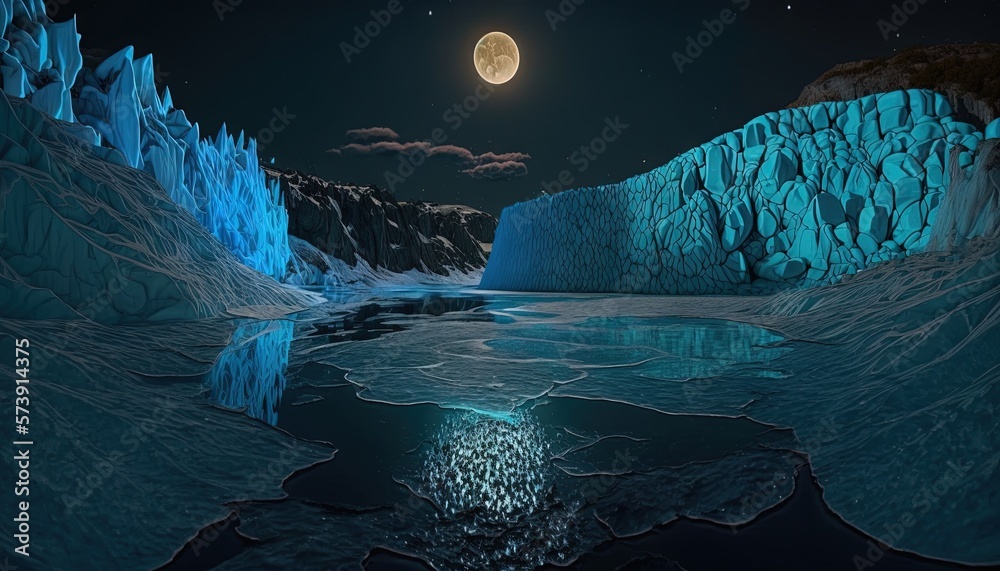  a painting of ice formations and a full moon in the sky above a body of water with ice on the water