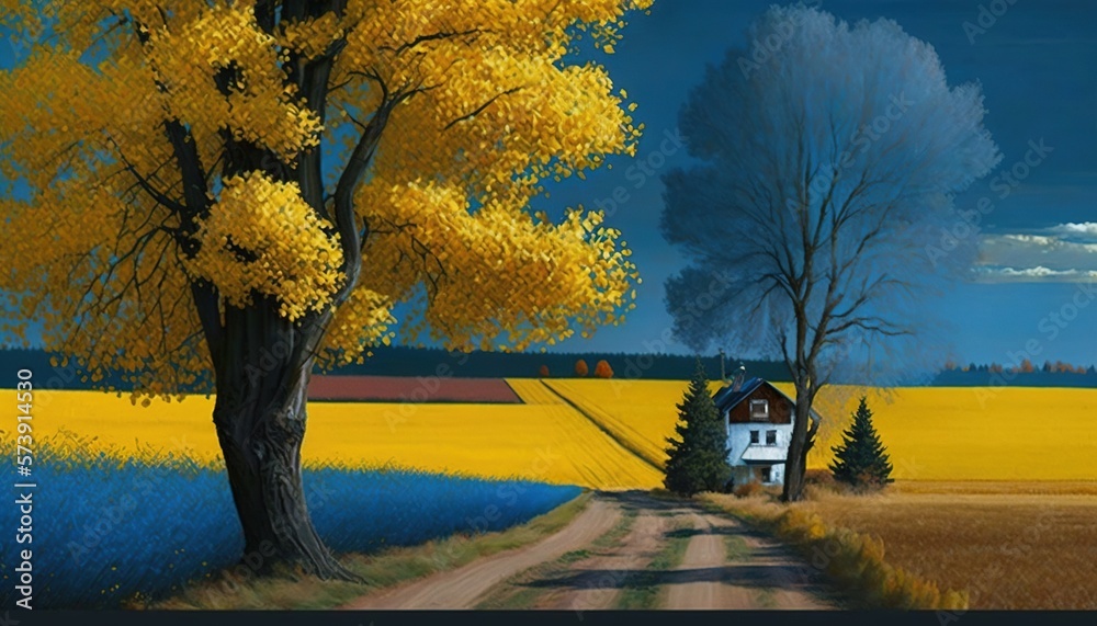  a painting of a country road with a tree and a house in the distance with a full moon in the sky ab