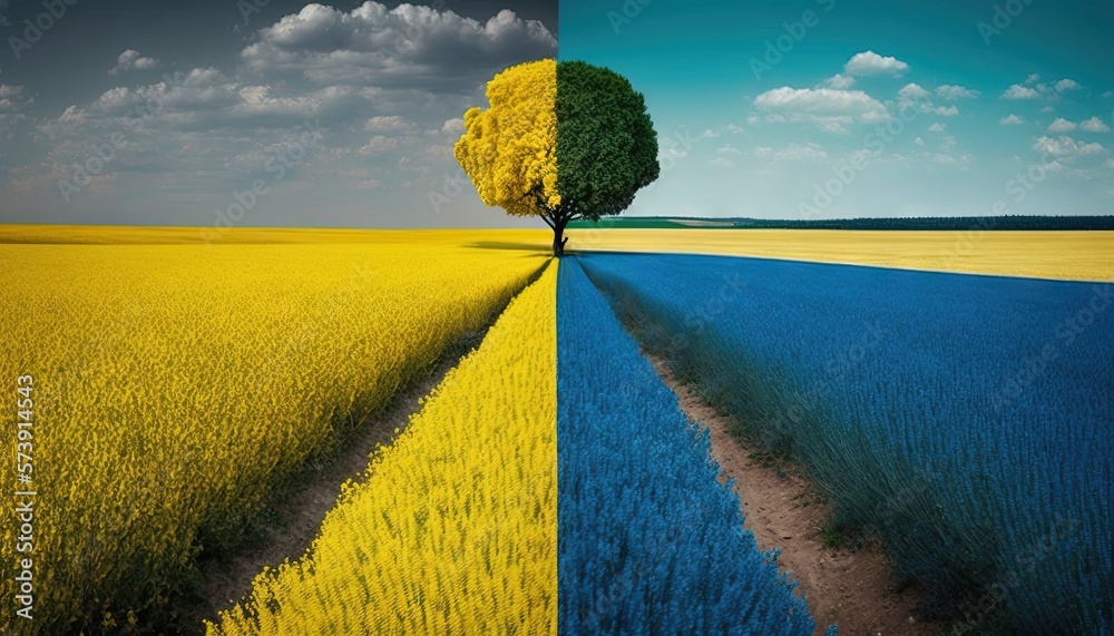  a split photo of a tree and a field of yellow flowers and blue sky with clouds in the background an