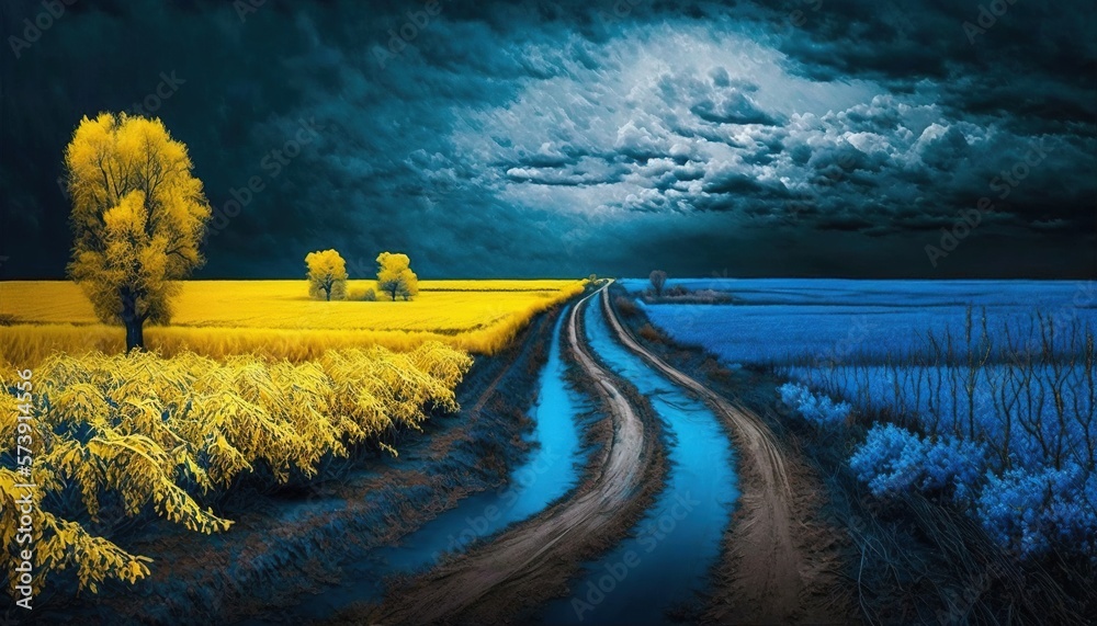  a painting of a dirt road in a field with a stormy sky in the background and yellow trees on the si