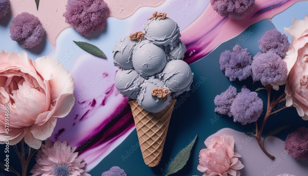  an ice cream cone with three scoops of ice cream surrounded by pink and purple flowers on a blue an