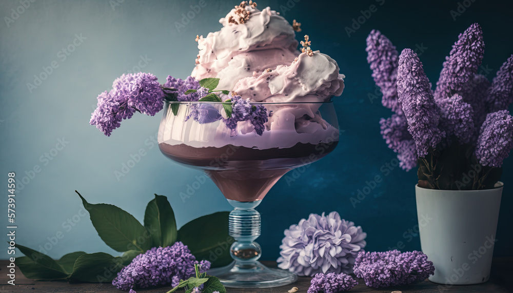  a dessert in a glass with purple flowers on a table next to a potted plant and a vase of lavenders 