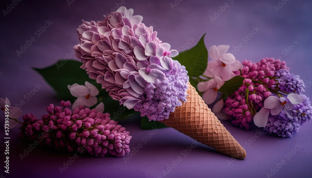  a cone of ice cream with purple flowers on a purple surface with leaves and flowers around it, and 